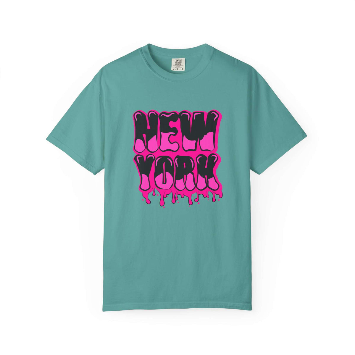 A teal short-sleeve t-shirt with a vibrant pink and black dripping 'NEW YORK' graphic on the front, displayed against a clean white background. Trendy Bold Graffiti Lettering New York Typography T-Shirt for Casual Wear