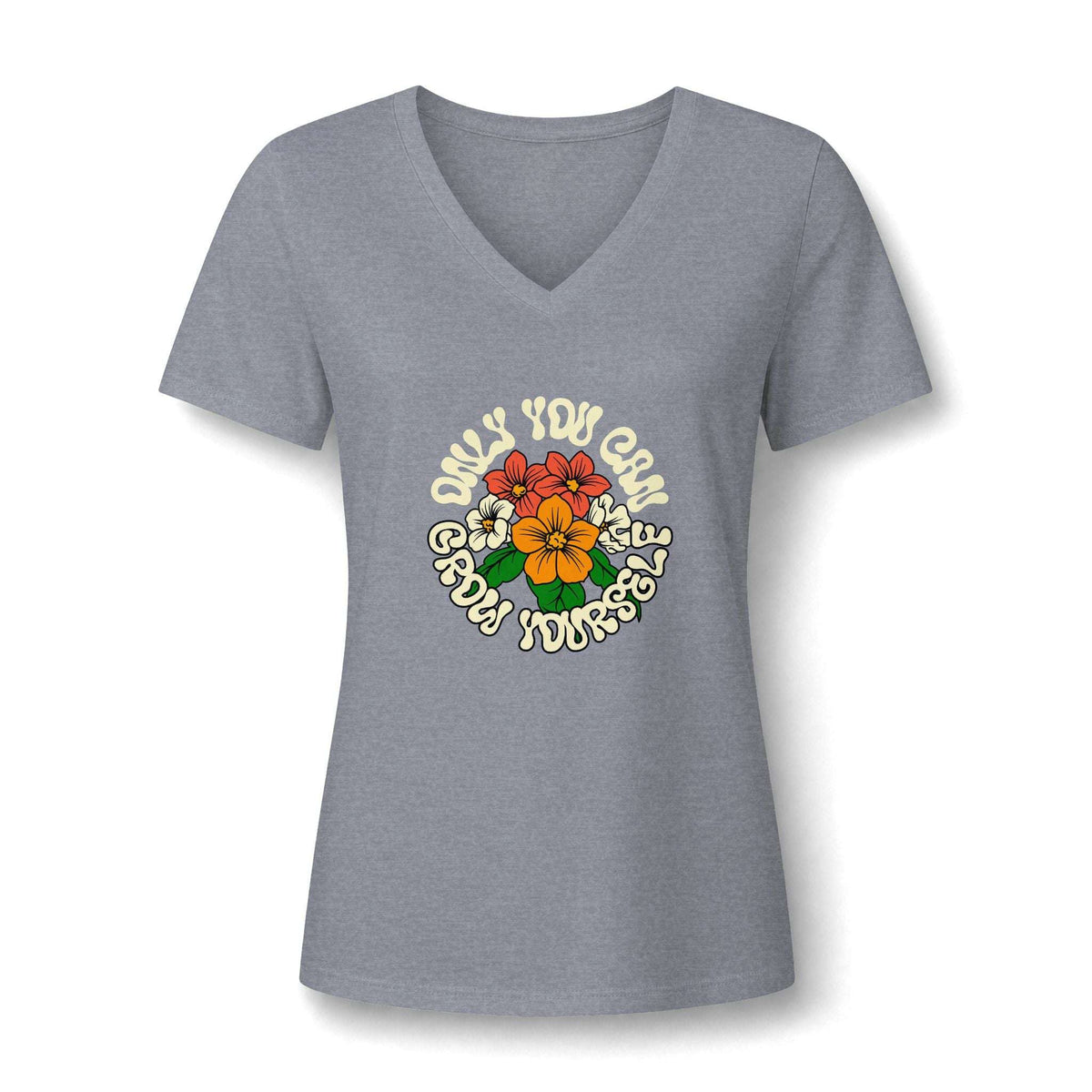 A women's heather gray V-neck t-shirt featuring a retro-style graphic on the chest with the text 'ONLY YOU CAN GROW YOURSELF' surrounding a colorful floral design.