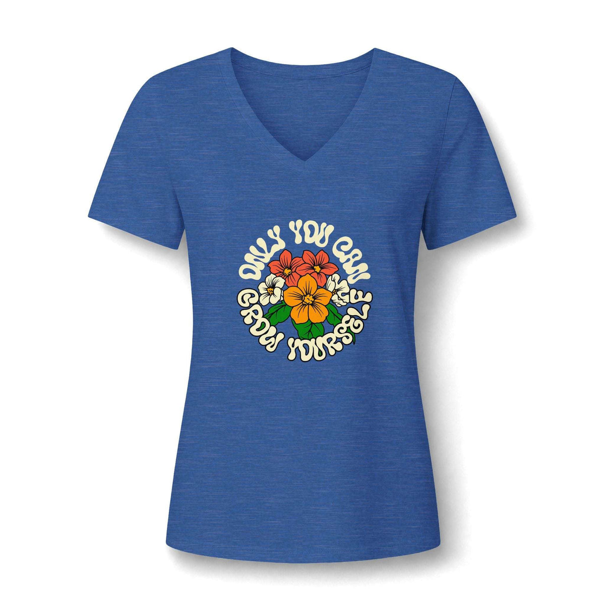 A heather blue V-neck t-shirt with a retro-style circular graphic on the chest featuring plumeria flowers and the text 'ONLY YOU CAN SHOW YOURSELF'.