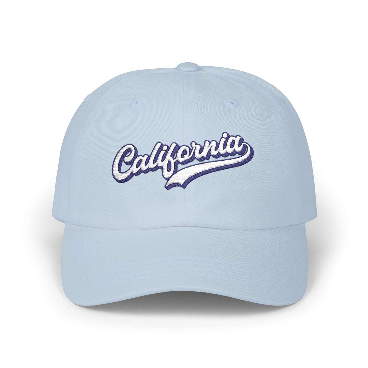 A light blue baseball cap featuring 'California' embroidered in white script with a dark blue outline across the front panels, set against a plain white background. Trendy California Typography Embroidered Classic Dad Cap