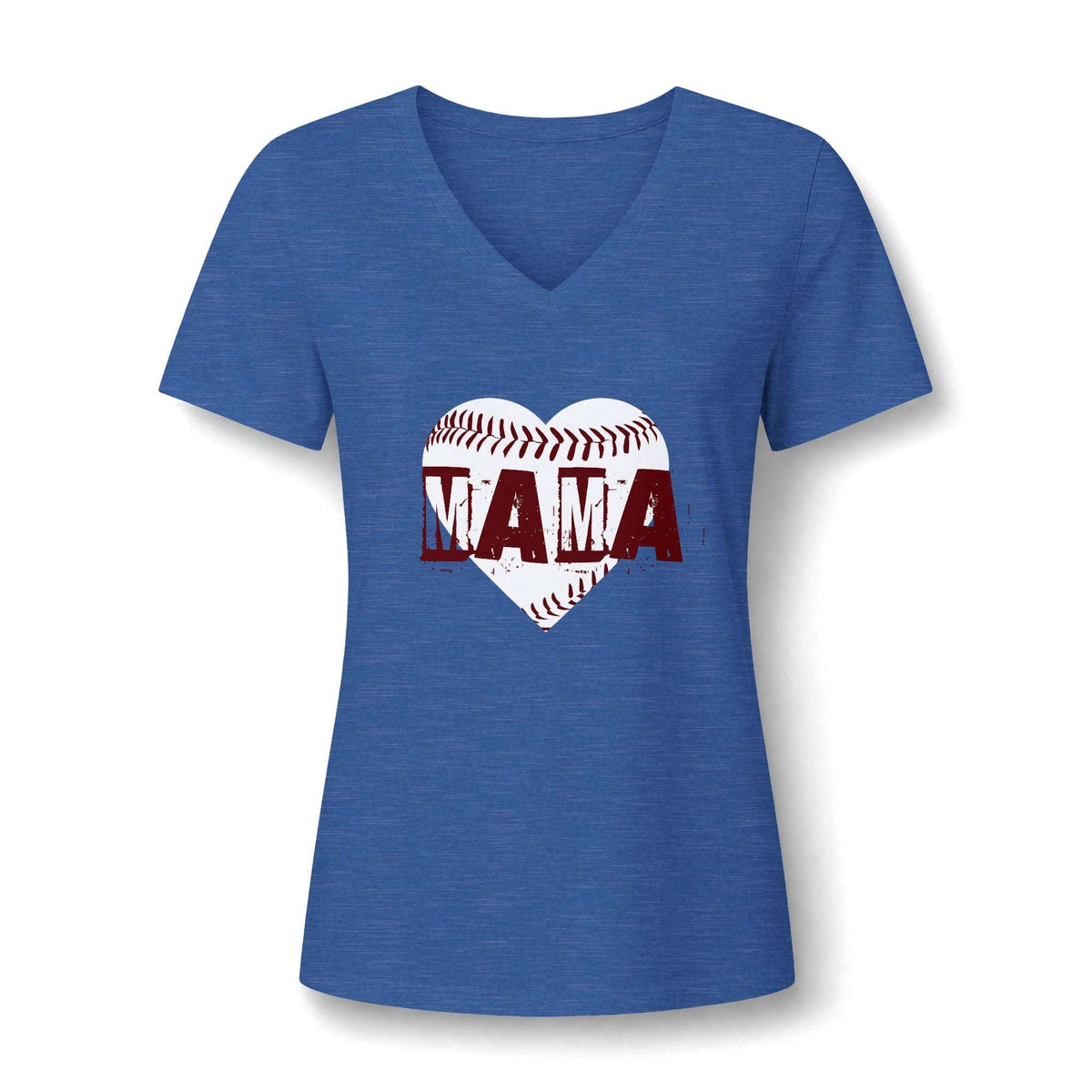 A women's heather blue V-neck t-shirt featuring a baseball-themed graphic on the chest. The graphic shows a white baseball heart with the word 'MAMA' printed across it in dark red letters.