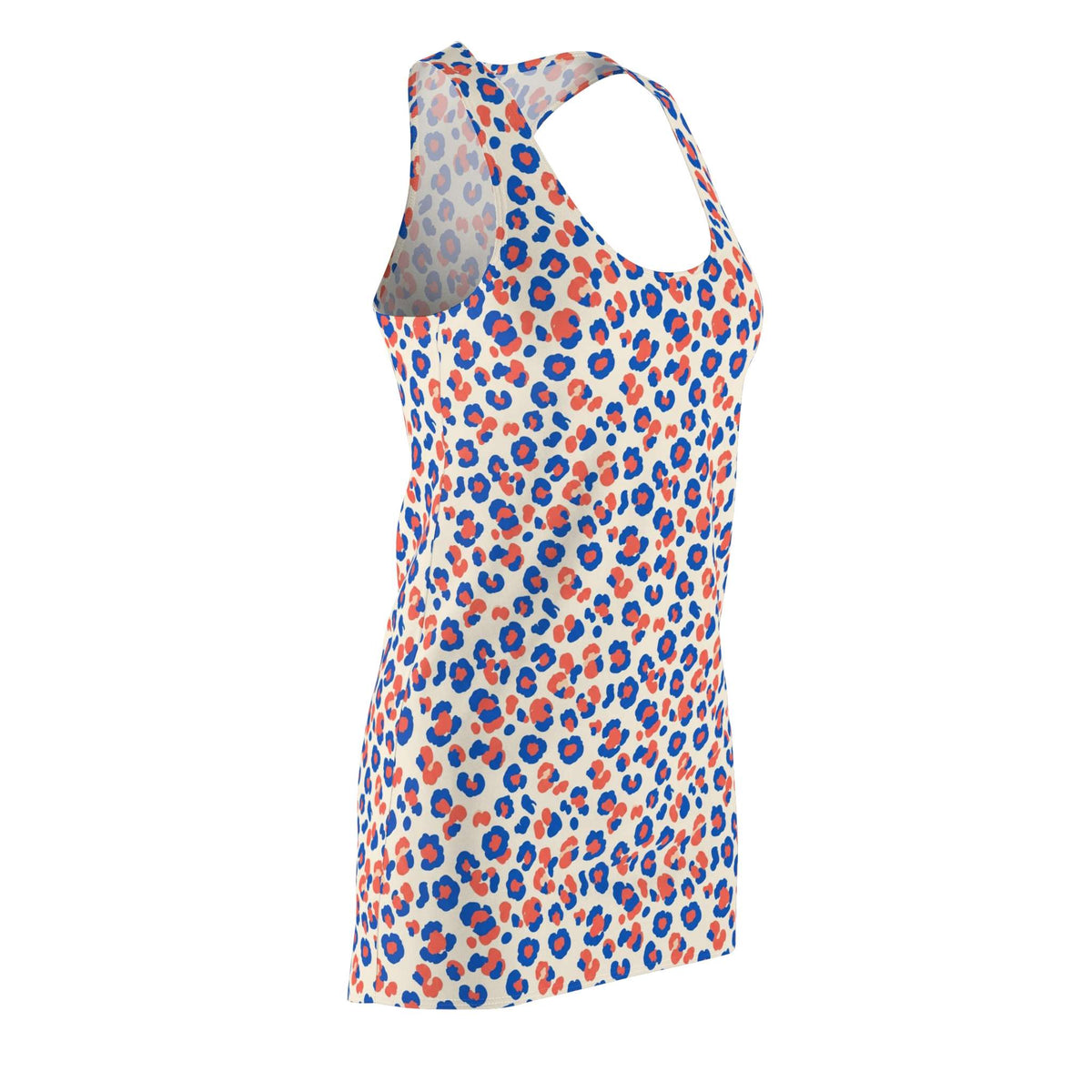 A sleeveless racerback tank top with an allover leopard print pattern in blue, orange, and gray on a white base, shown from a three-quarters angle against a plain white background. Trendy Comfortable Colorful Leopard Print Women's Racerback Dress