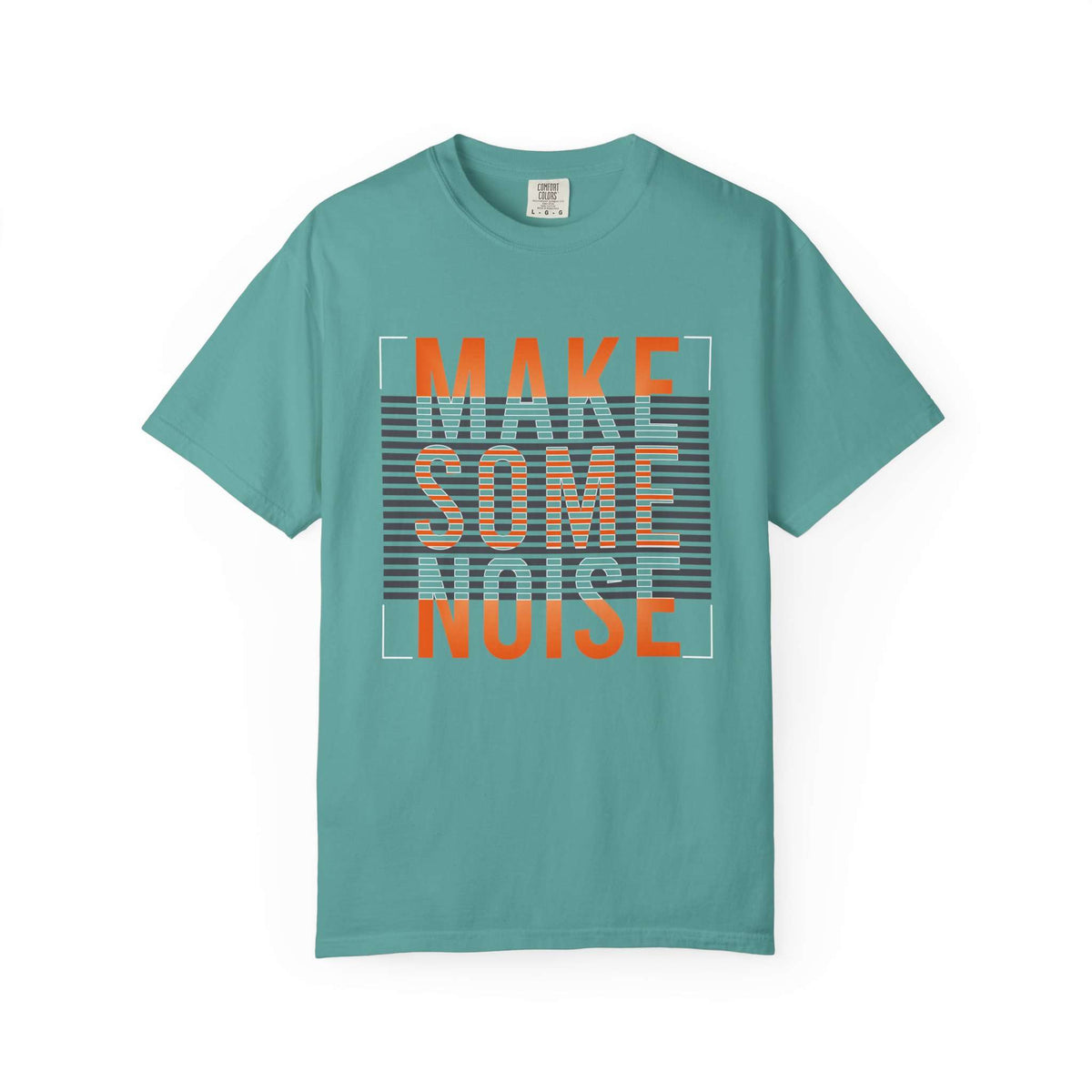 A teal short-sleeve t-shirt with a retro graphic on the chest reading 'MAKE SOME NOISE' in orange and gray text over horizontal gray stripes, displayed on a clean white background. Trendy Make Some Noise Slogan Typography Graphic T-Shirt for Casual Wear