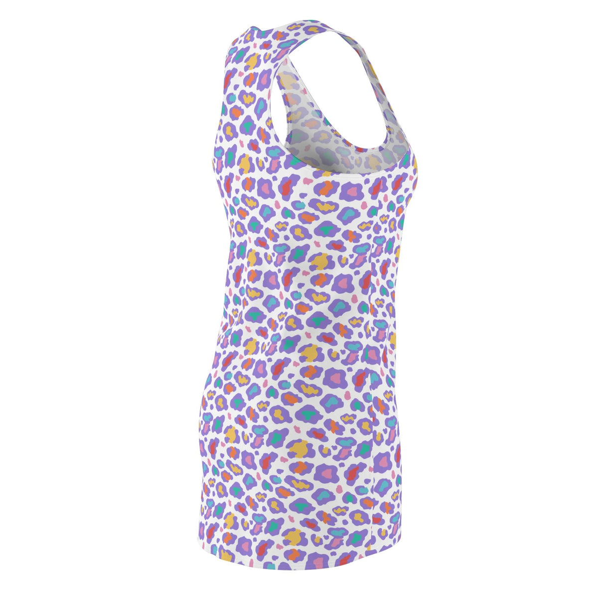 A sleeveless racerback tank top with a colorful leopard print pattern on a white background, shown from a three-quarters angle. Trendy Pastel Bold Rainbow Leopard Print Women's Racerback Dress for Casual Wear