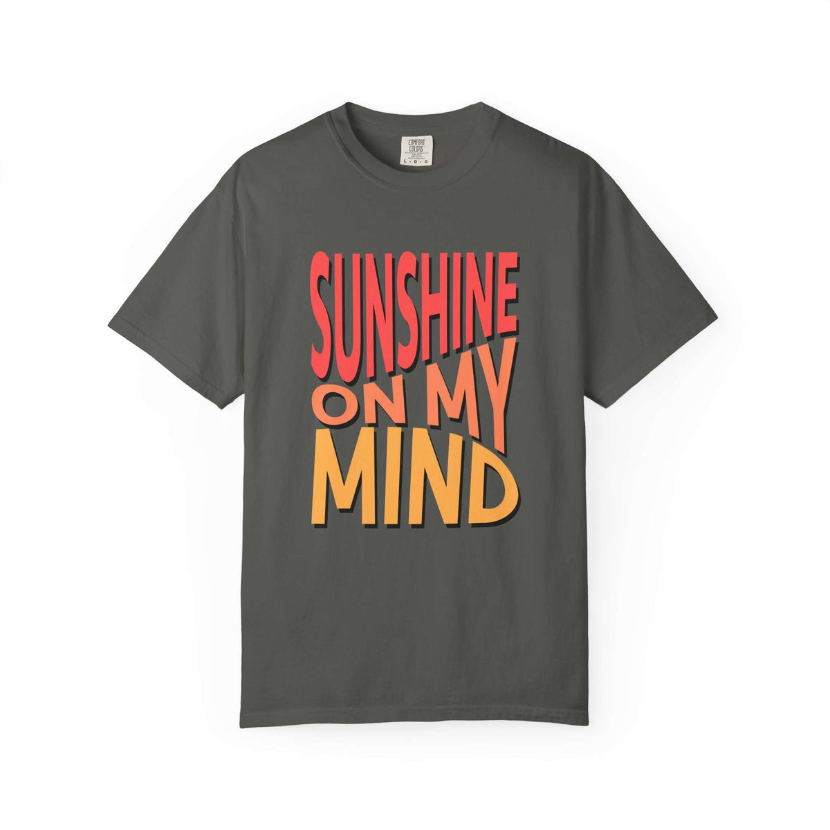 A dark gray crewneck t-shirt featuring a bold graphic text print that reads 'SUNSHINE ON MY MIND' in red and orange lettering with a 3D shadow effect, displayed on a clean white background. Trendy Sunshine On My Mind Summer Vibes Graphic T-Shirt Casual Wear