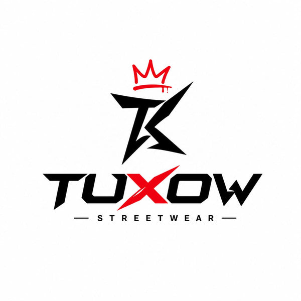 A centered brand logo on a white background featuring a stylized black letter K with a red crown above it, the word TUXOW in bold black and red, and the words STREETWEAR underneath.