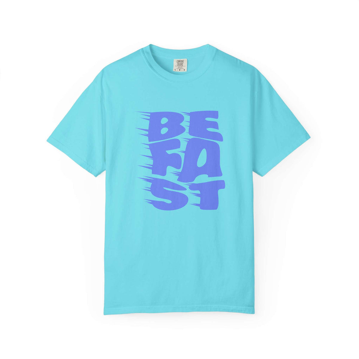 A light blue short-sleeve crewneck t-shirt featuring a stylized purple graphic on the front that reads 'BE FAST' in a motion-blur style, displayed against a solid white background. Unique Bold Be Fast Typography Lettering Graphic T-Shirt Casual Wear