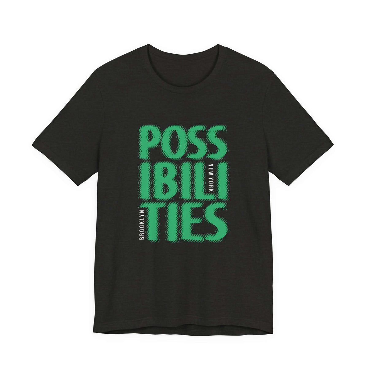 A black short-sleeve crewneck t-shirt featuring a bold graphic on the front that reads 'POSSIBILITIES' in green and white block letters, with 'NEW YORK' printed vertically in white. Unique Bold Possibilities New York City Brooklyn T-Shirt Casual Wear