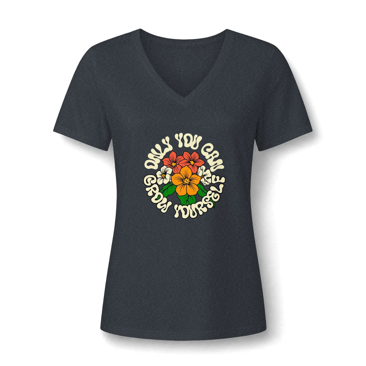 A women's short-sleeve V-neck t-shirt in dark heather gray, featuring a retro circular graphic on the chest with a yellow and orange flower, red flowers, and white text that reads 'ONLY YOU CAN GROW YOURSELF'.