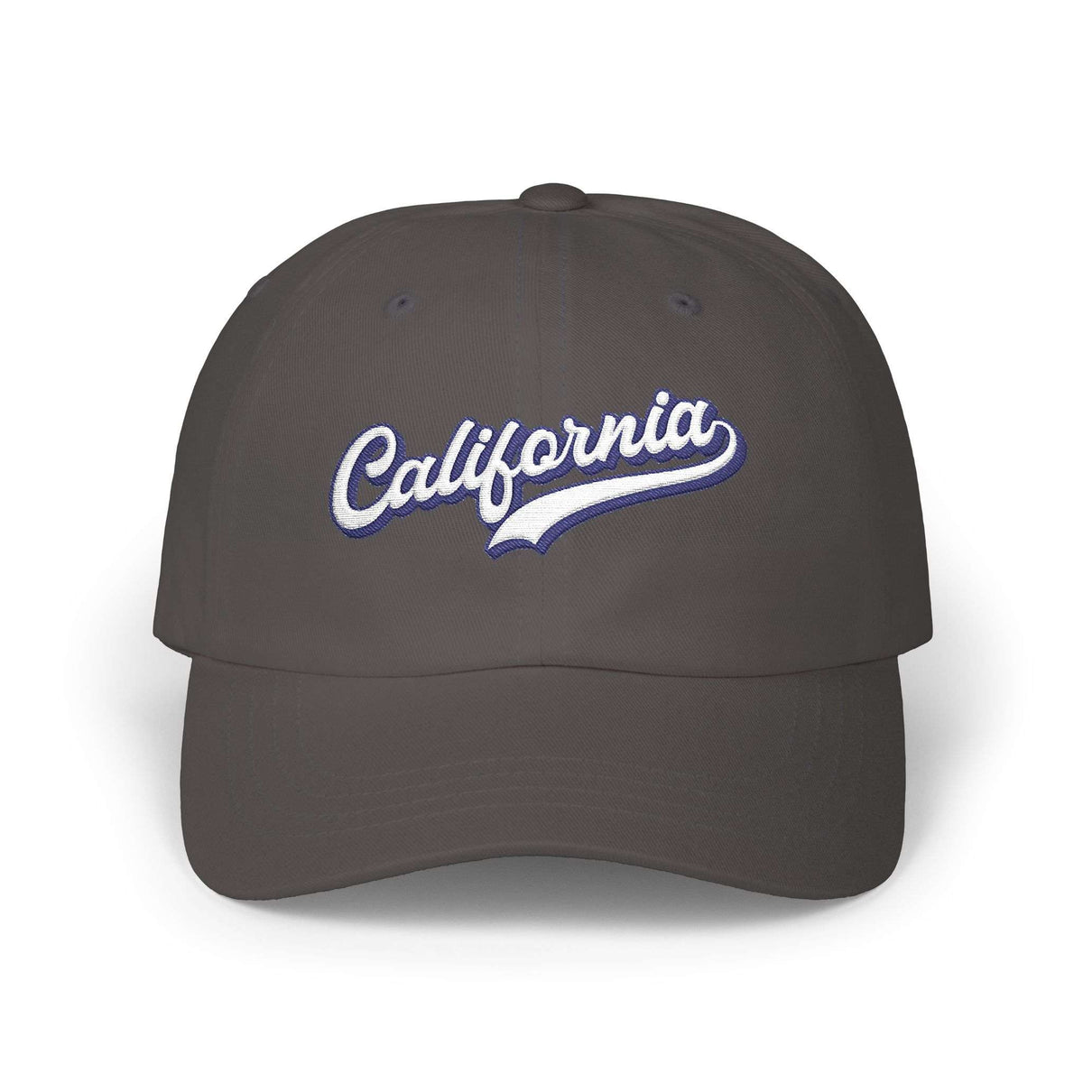 A dark gray baseball cap featuring 'California' embroidered in white script with a blue outline on the front, set against a plain white background. Unique California Typography Embroidered Classic Dad Cap