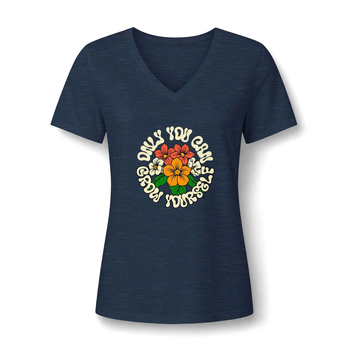 A navy blue heathered V-neck t-shirt with a colorful graphic on the chest. The graphic features a central cluster of red, orange, and yellow flowers with green leaves, surrounded by the text 'ONLY YOU CAN GROW YOURSELF' in a cream-colored circular font, all set against a plain white background.