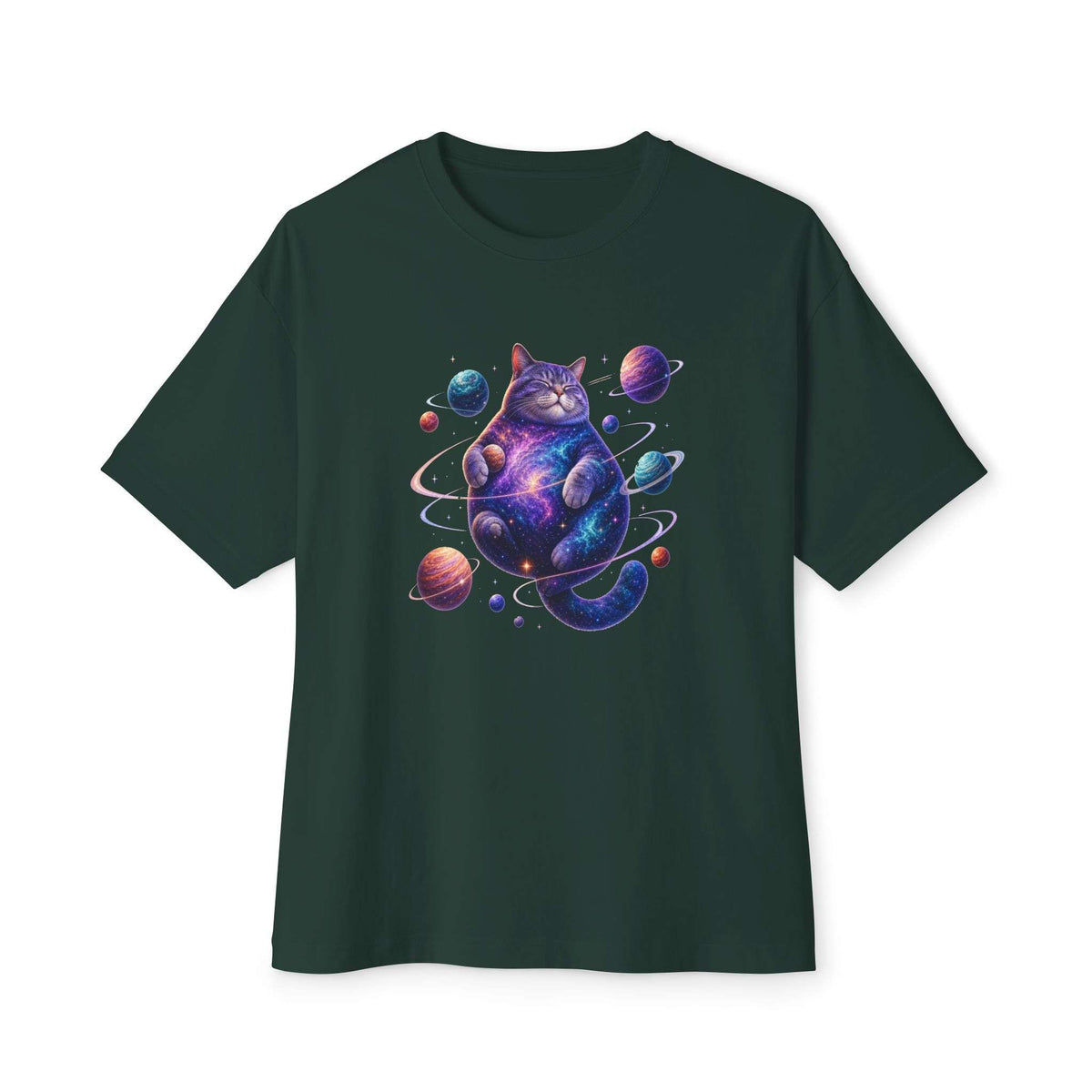 A dark forest green short-sleeve t-shirt with a colorful graphic of a cosmic, galaxy-patterned cat surrounded by planets, displayed on a clean white background. Unique Funny Cosmic Cat Unisex Oversized Boxy T-Shirt Casual Wear