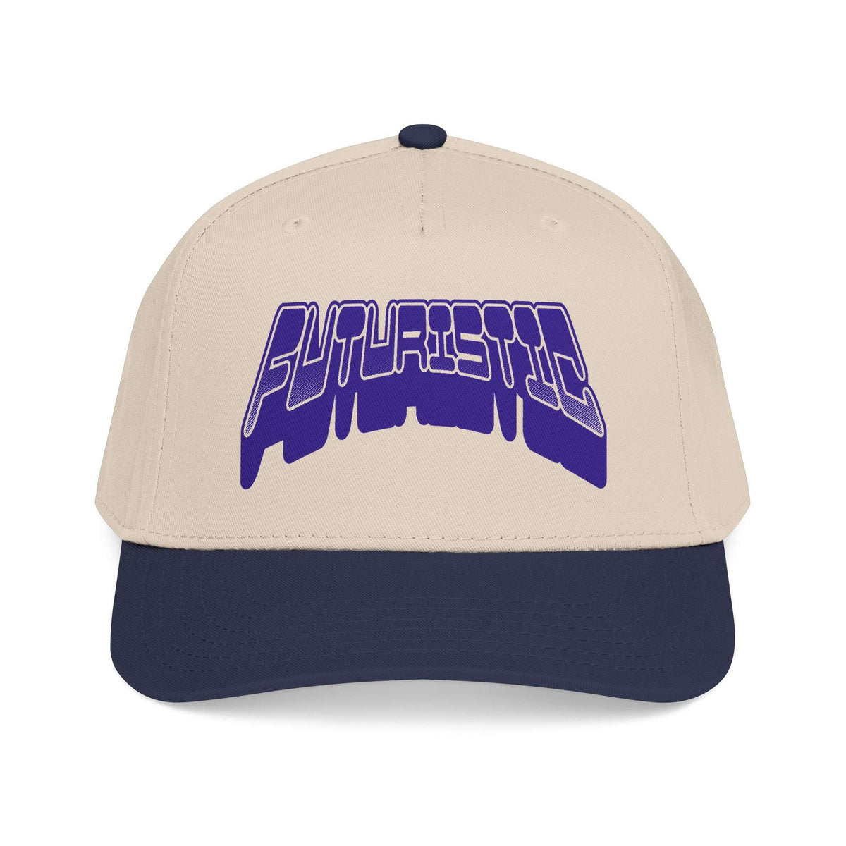A structured baseball cap with a cream-colored crown and a dark navy blue visor, featuring a stylized purple and white 'FUTURISTIC' graphic on the front. Unique Futuristic Y2k Streetwear Typography Baseball Cap