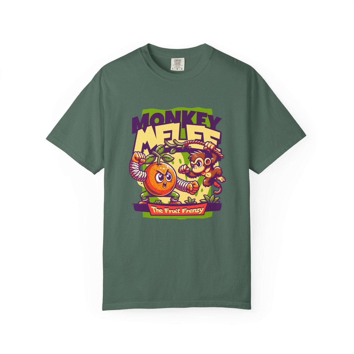 A dark green crewneck t-shirt featuring a colorful graphic print on the front with cartoon monkeys, a bright orange, and the text 'MONKEY MELOT' and 'The Fruit Fetish'. Unique Monkey Melee The Fruit Frenzy Graphic T-Shirt for Casual Wear