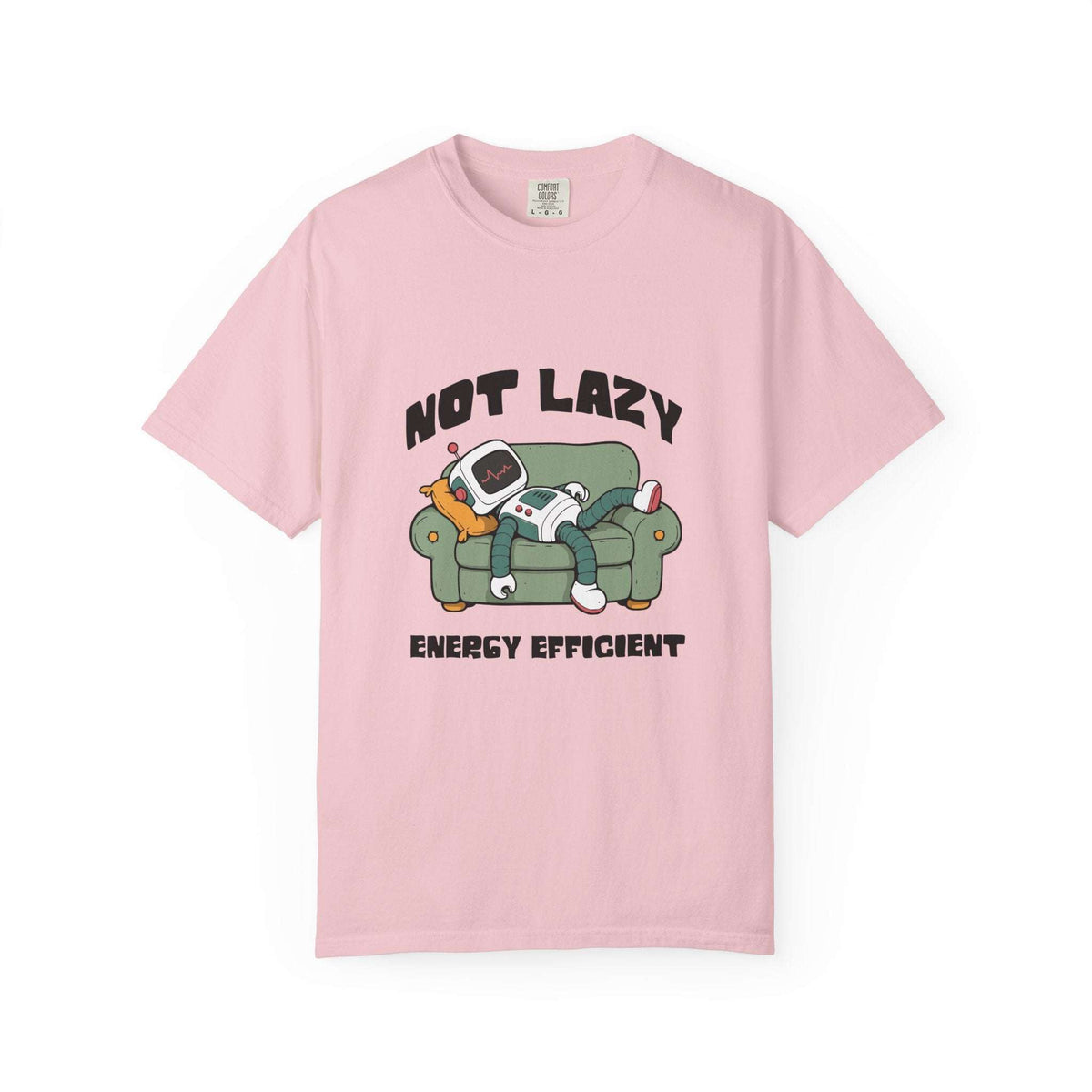 A light pink short-sleeve crewneck t-shirt featuring a cartoon graphic of a sleeping robot on a green couch with the text 'NOT LAZY ENERGY EFFICIENT'. Unique Not Lazy, Energy Efficient, Robot Lounge Sarcasm T-Shirt for Casual Wear
