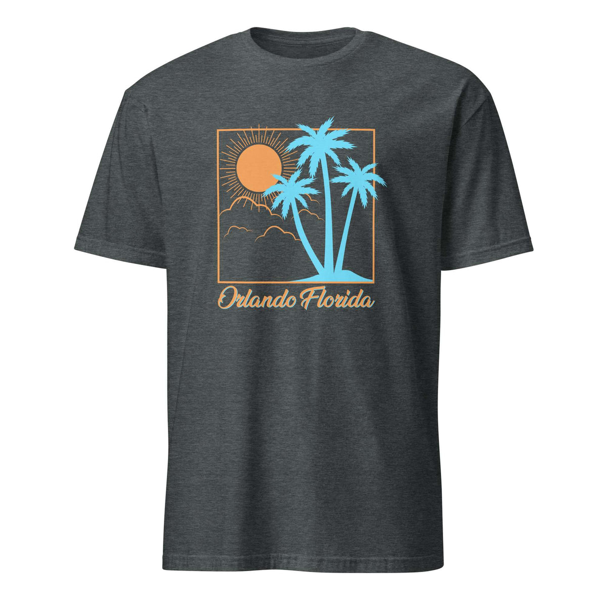 A dark heather gray t-shirt with a retro-style graphic of palm trees, a sun, and the text 'Orlando Florida' in light blue and orange, displayed on a solid white background. Unique Orlando Florida Summer Sun Beach Graphic T-Shirt Casual Wear