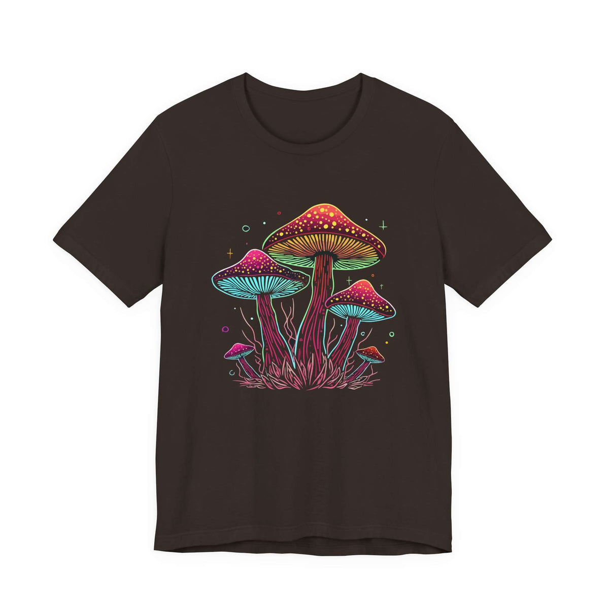 A dark brown short-sleeve crewneck t-shirt featuring a colorful graphic of glowing mushrooms in pink, purple, and green on the front, displayed against a solid white background. Unique Psychedelic Mushroom Neon Fantasy Fungi T-Shirt Casual Wear
