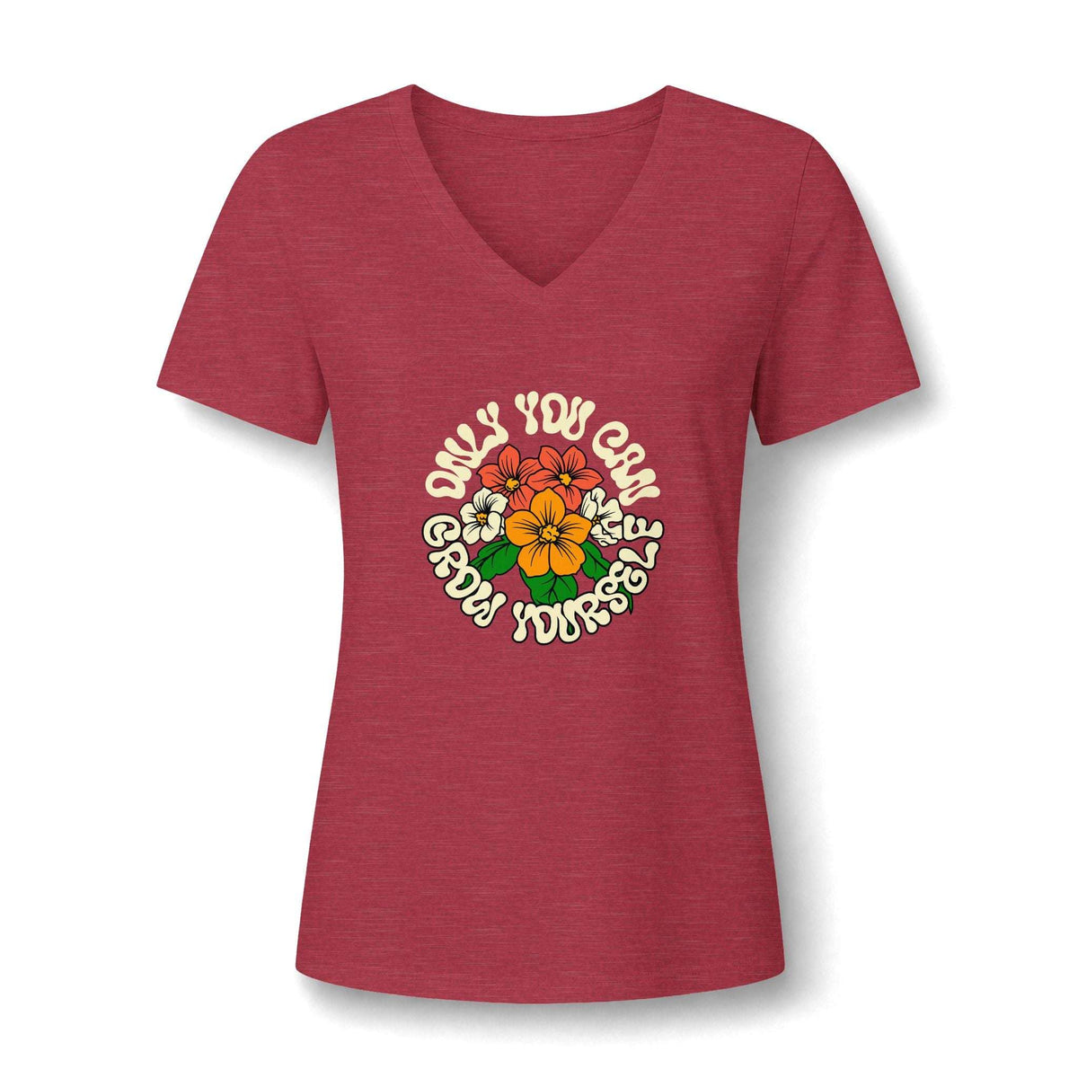 A women's heathered red V-neck t-shirt featuring a retro-style graphic on the chest with the text 'ONLY YOU CAN GROW YOURSELF' surrounding a colorful flower illustration.