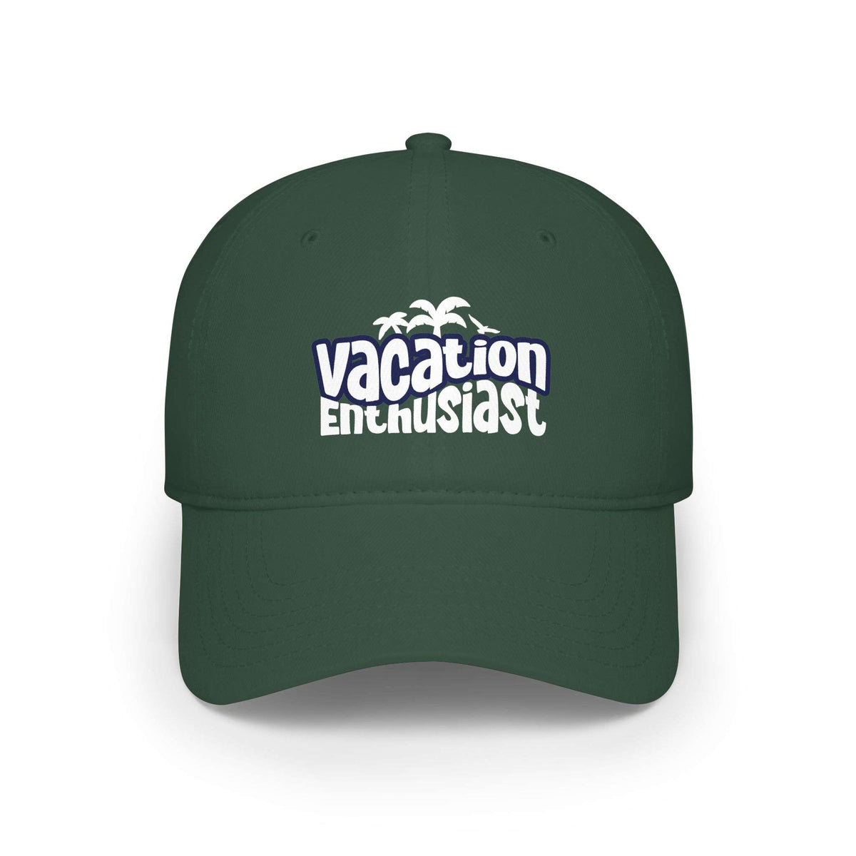 A dark green baseball cap with a white and purple graphic on the front that reads 'Vacation Enthusiast' with small palm tree silhouettes, shown on a plain white background. Unique Vacation Enthusiast Bold Typography Baseball Cap for Casual Wear
