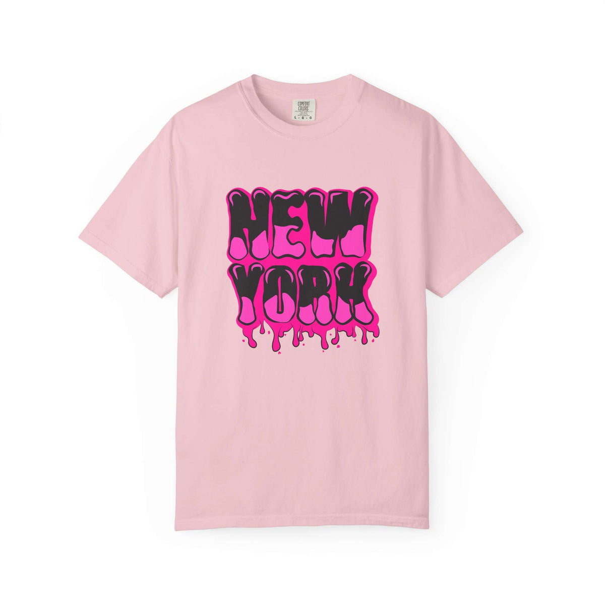 A light pink short-sleeve crewneck t-shirt featuring a bold 'NEW YORK' graphic in dripping hot pink bubble letters with black outlines, displayed on a clean white background. Urban Street Art Bold Graffiti Lettering New York Typography T-Shirt for Casual Wear