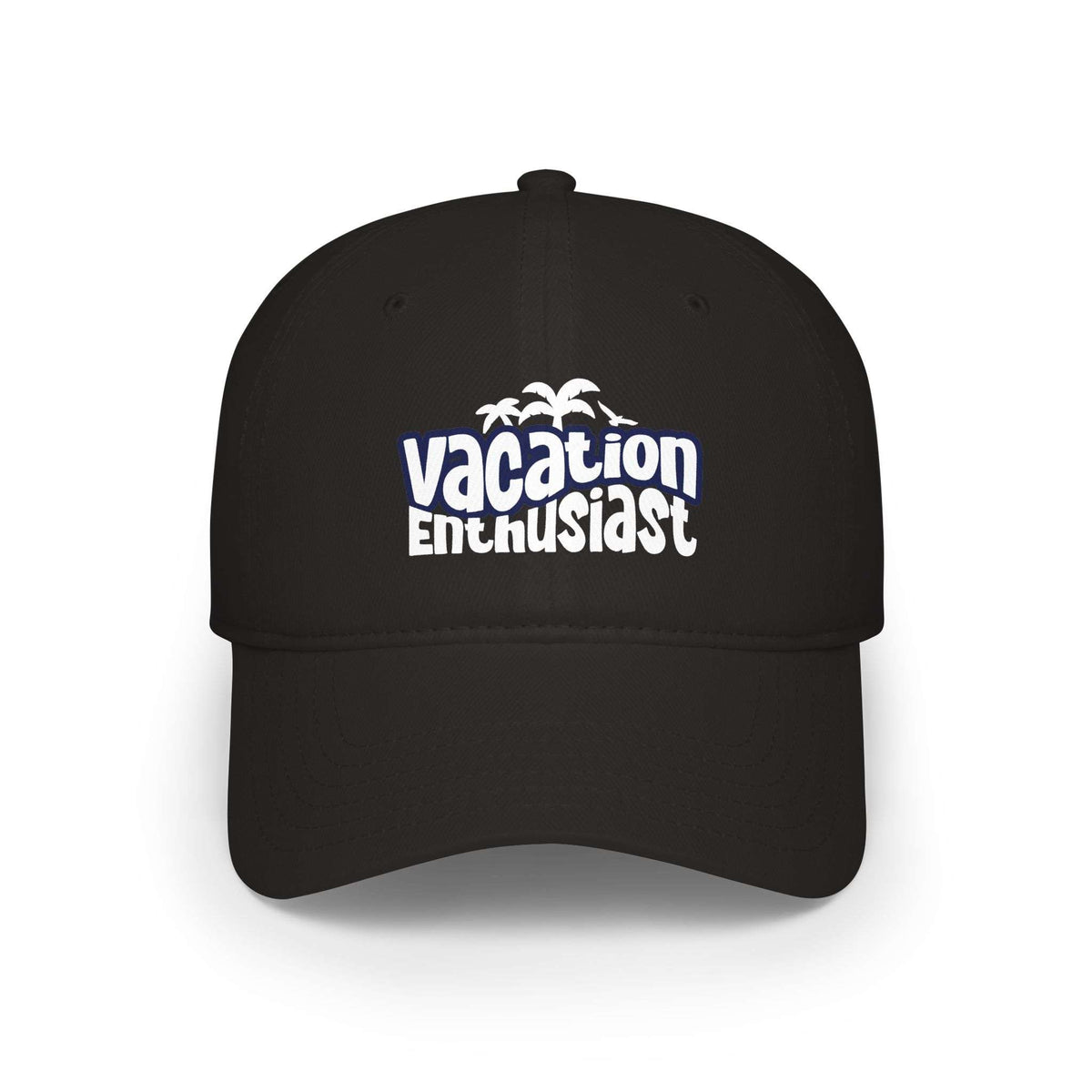 A black baseball cap with a white graphic on the front that reads 'Vacation Enthusiast' with small palm tree silhouettes above the text, shown on a plain white background. Vacation Enthusiast Bold Typography Baseball Cap