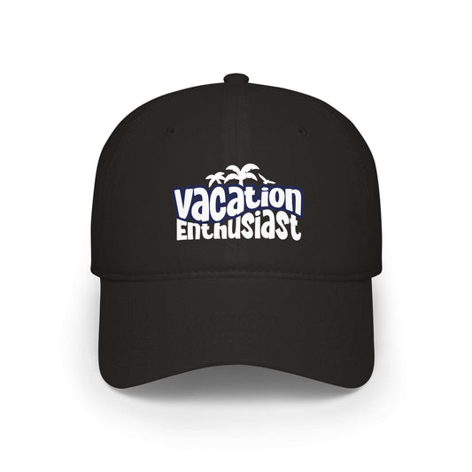 A black baseball cap with a white graphic on the front that reads 'Vacation Enthusiast' with small palm tree silhouettes above the text, shown on a plain white background. Vacation Enthusiast Bold Typography Baseball Cap