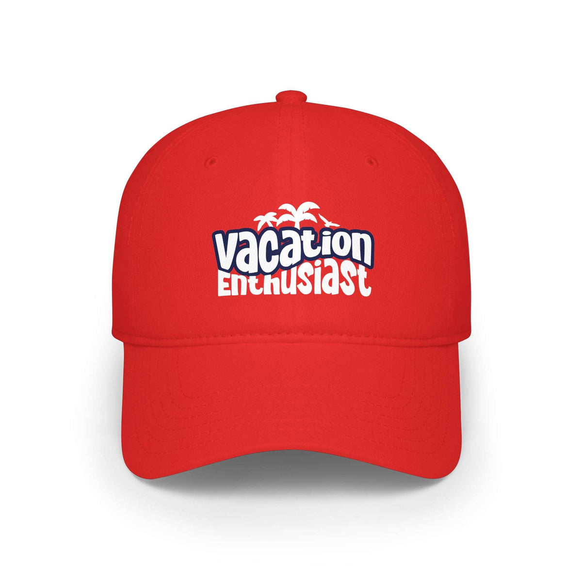 A bright red baseball cap featuring a front graphic that reads 'vacation enthusiast' in white and blue, with small white palm tree silhouettes above, shown on a clean white background.