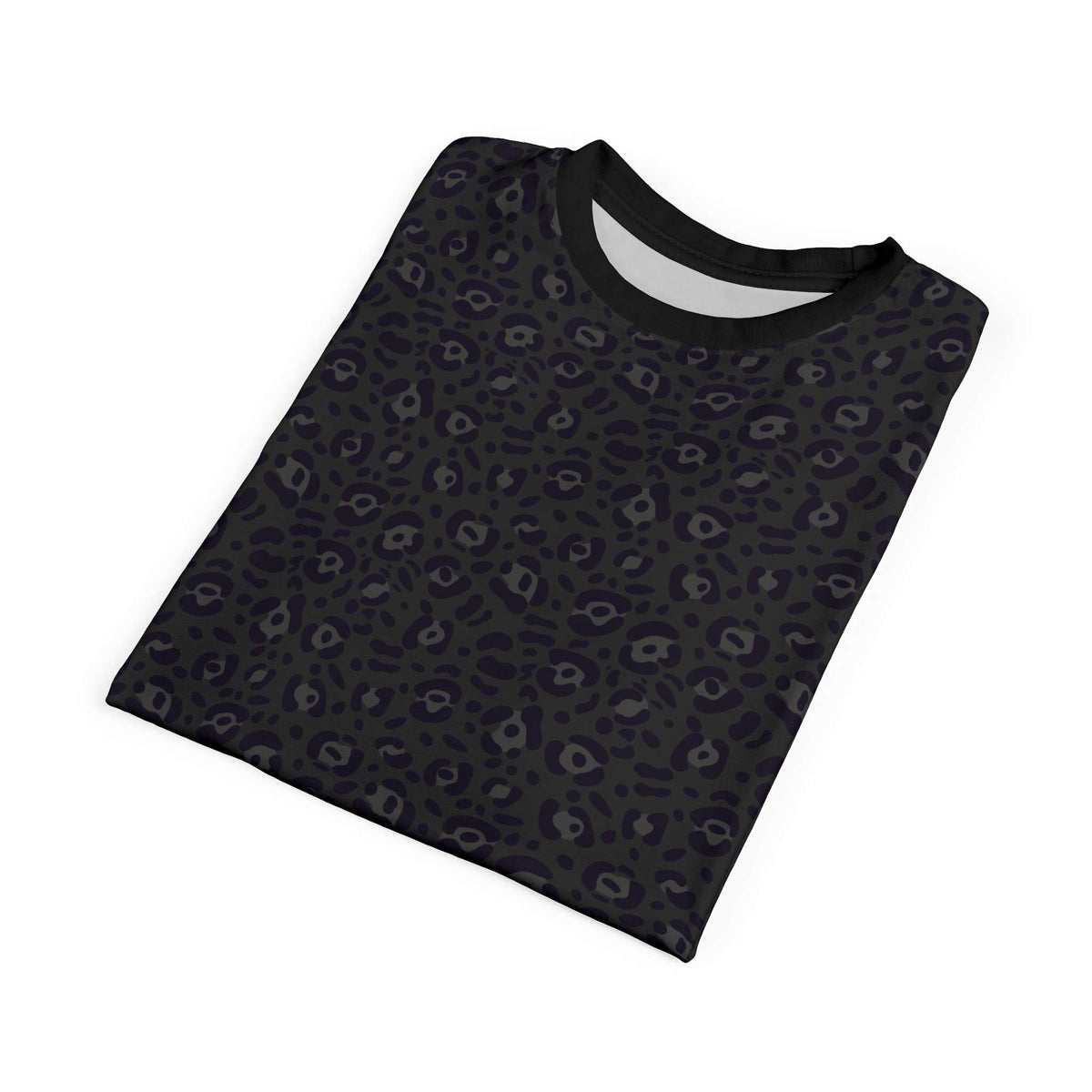 Folded gray t-shirt with a brand logo on a white background Versatile Bold Black Leopard Print T-Shirt for Casual Wear