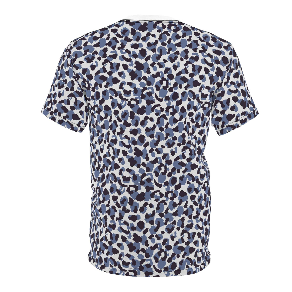 A short-sleeve crewneck t-shirt featuring an all-over abstract leopard print pattern in navy blue, slate blue, and off-white. Versatile Bold Blue Leopard Print T-Shirt for Casual Wear