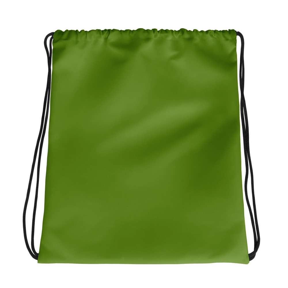 A plain green drawstring backpack or gym sack with black cords, shown against a solid white background. Versatile Minimalist Bold Solid Olive Drab Drawstring Bag