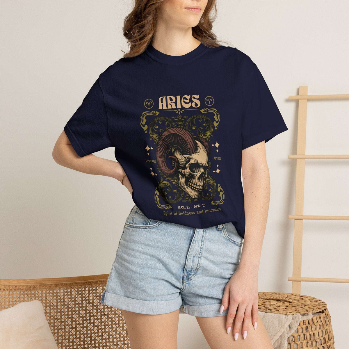 Vibrant Bold Zodiac Skull Aries Sign T-Shirt for Casual Outfits