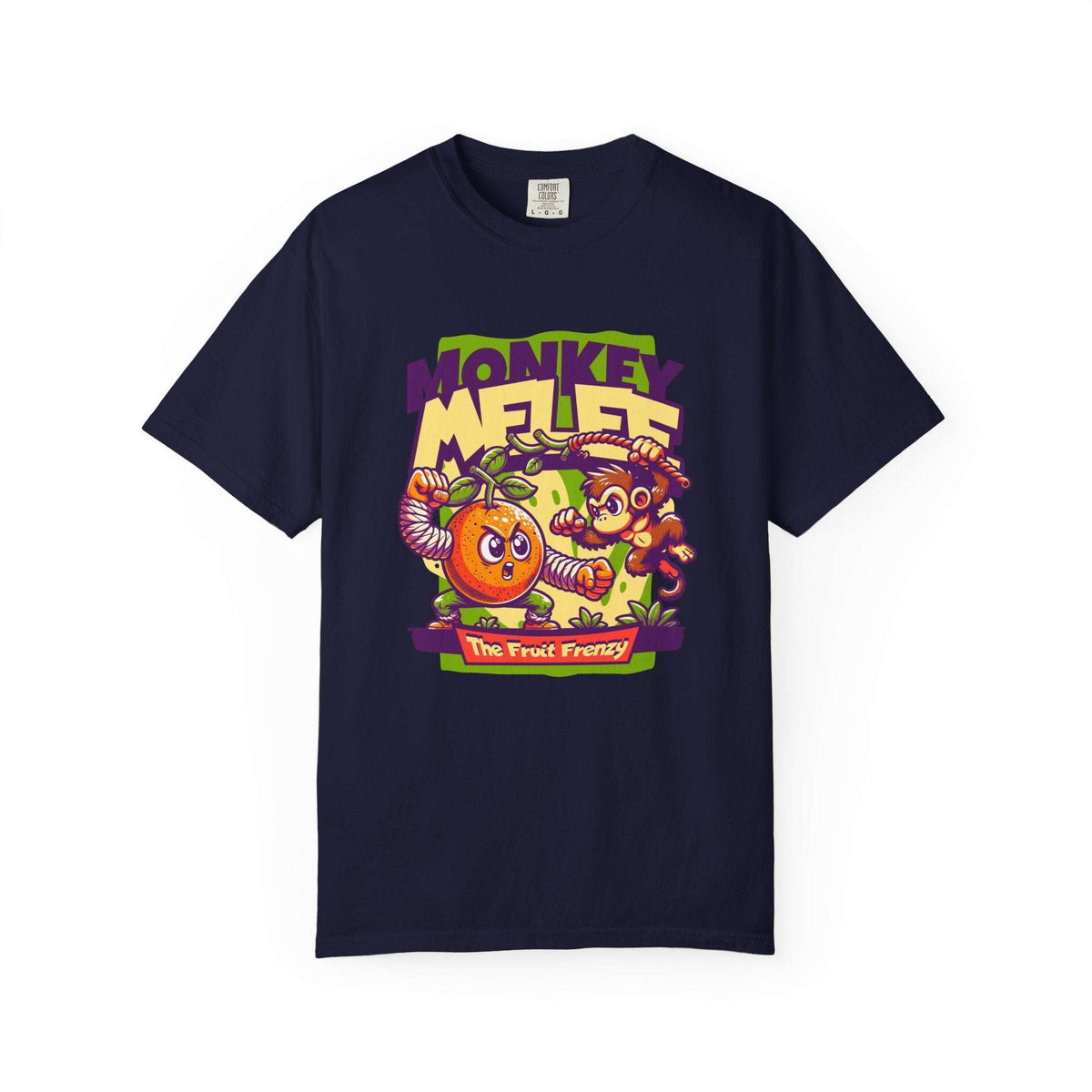 A navy blue short-sleeve t-shirt with a colorful graphic print on the front featuring cartoon monkeys, a jack-o'-lantern, and the text 'MONKEY MELEE The Fruit Fantasy'. Vibrant Monkey Chaos on a Graphic Tee