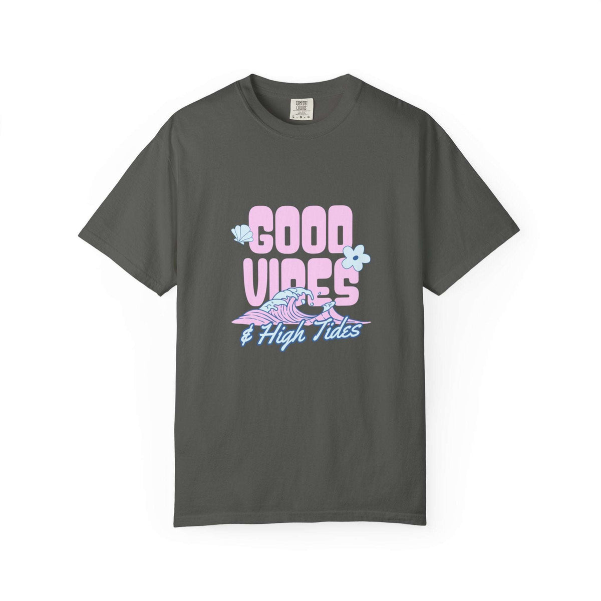 A dark gray crewneck t-shirt featuring a retro-style graphic on the chest that reads 'GOOD VIBES & High Tides' in pink and blue, accompanied by a pink and blue wave and small light blue flowers.