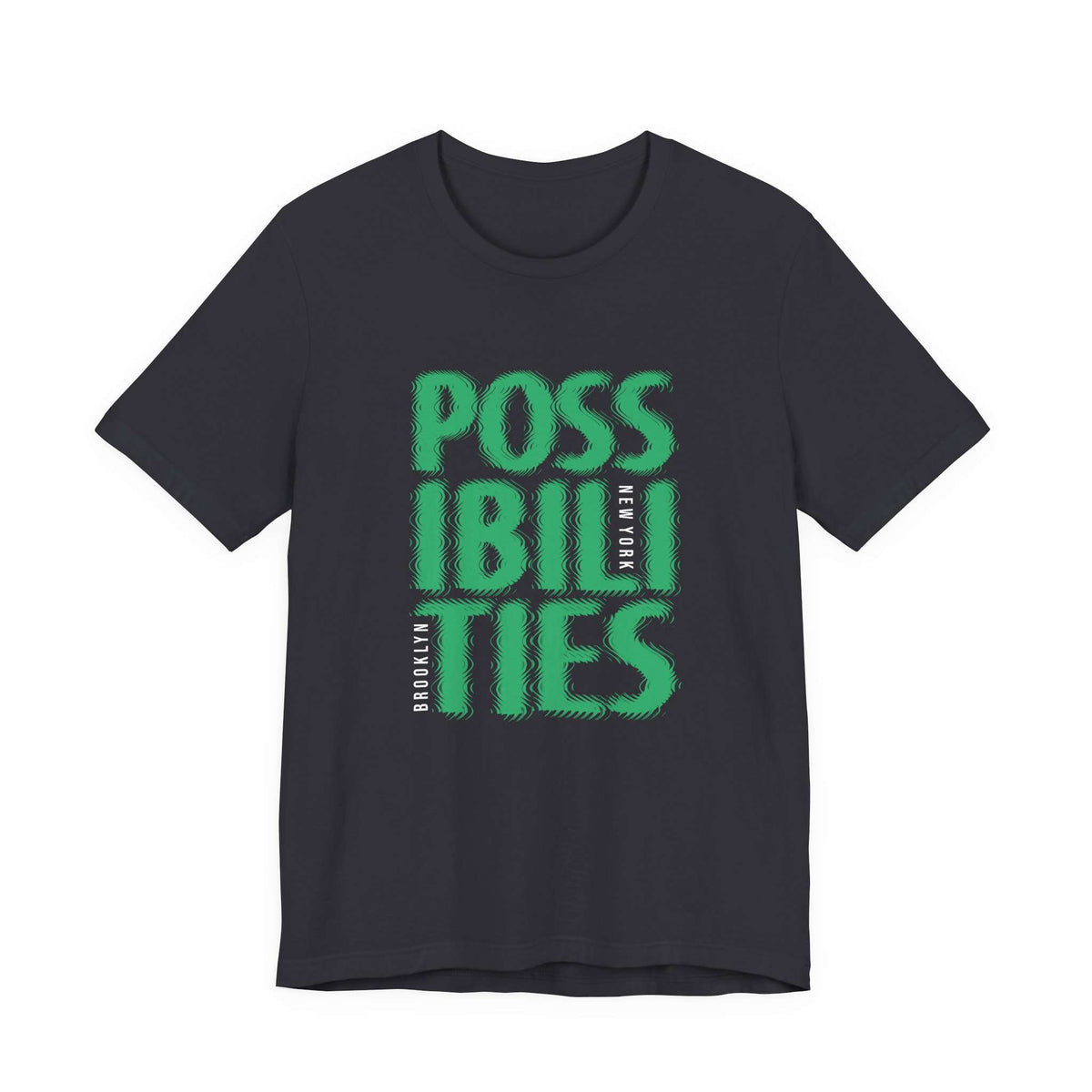 A black short-sleeve crewneck t-shirt featuring a bold green graphic print on the front that reads 'POSSIBILITIES' with 'NEW YORK' printed vertically in white. Vintage Bold Possibilities New York City Brooklyn T-Shirt Casual Wear