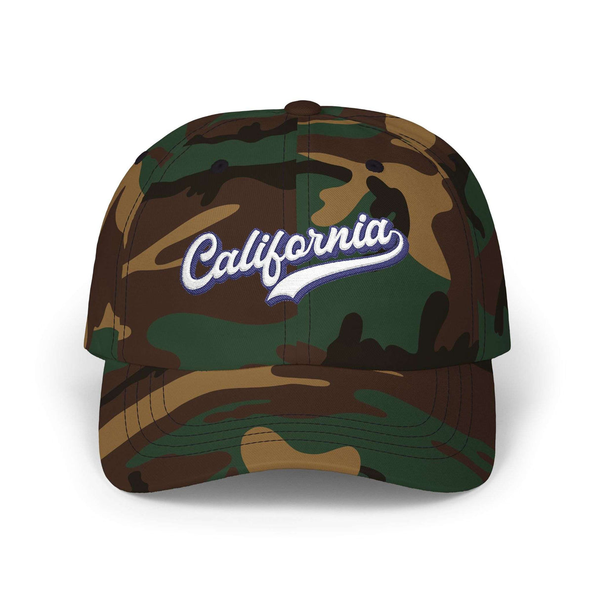 A structured baseball cap in a classic woodland camouflage pattern, featuring 'California' embroidered in white script with a blue outline on the front panel. Vintage California Typography Embroidered Classic Dad Cap