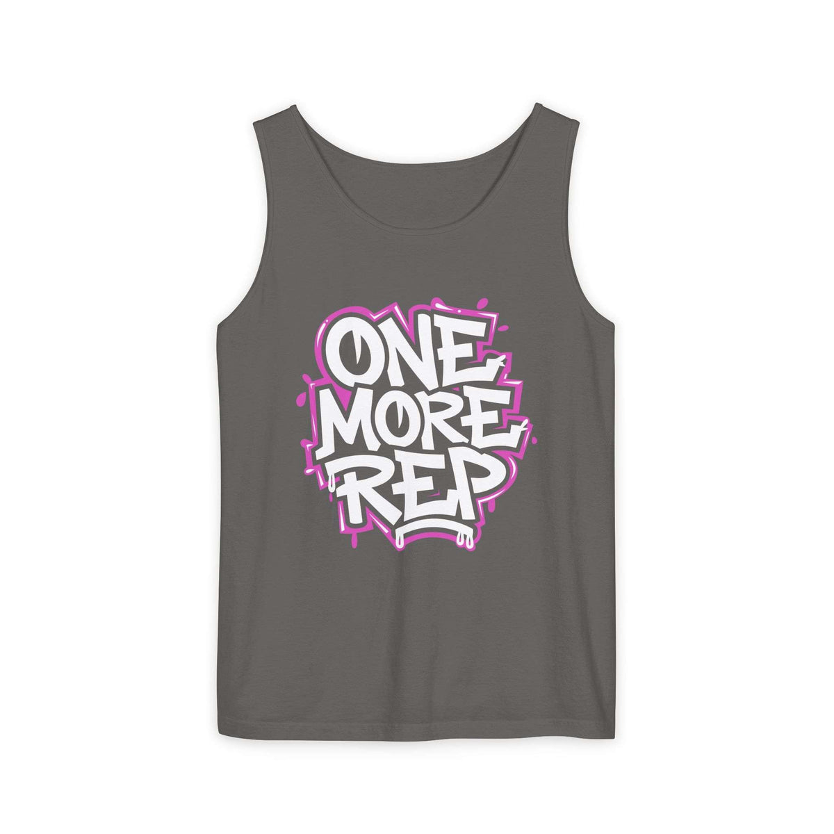A dark gray sleeveless tank top with a colorful graphic on the chest that reads 'ONE MORE REP' in white bubble letters with a pink graffiti-style outline, shown against a plain white background. Vintage Fitness Motivational Graffiti Typography Tank Top Casual Wear