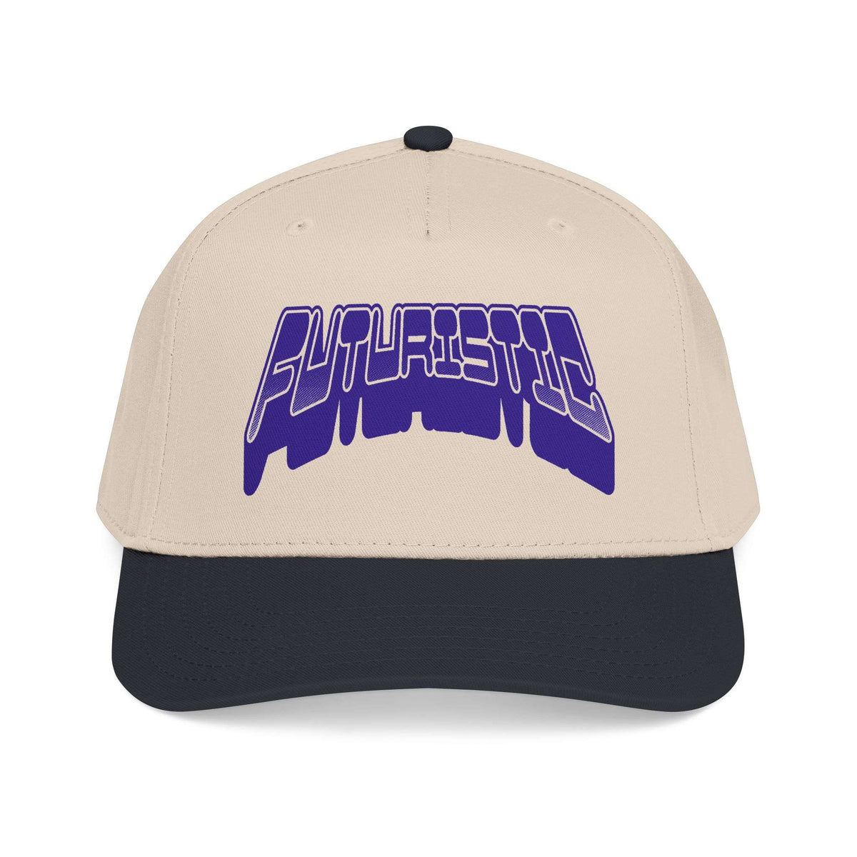 A structured baseball cap with a cream-colored crown and a dark navy blue visor, featuring a stylized purple and white 'FUTURISTIC' graphic on the front. Vintage Futuristic Y2k Streetwear Typography Baseball Cap