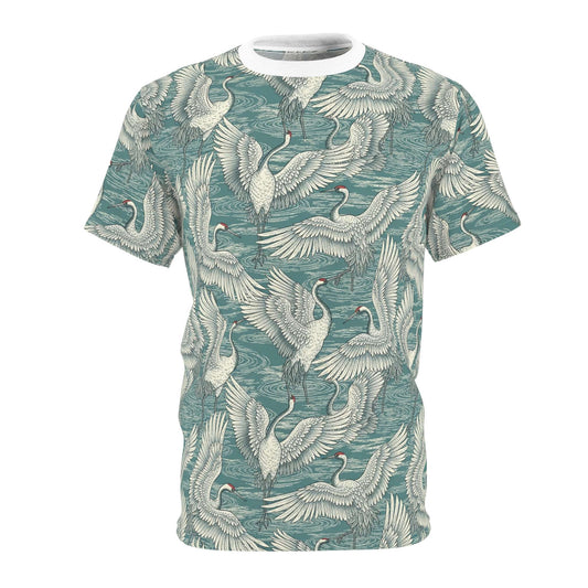 A short-sleeve crewneck t-shirt featuring an all-over print of white cranes on a textured teal watercolor background, shown against a plain white studio backdrop. Vintage Japanese Crane Pattern T-Shirt for Casual Wear