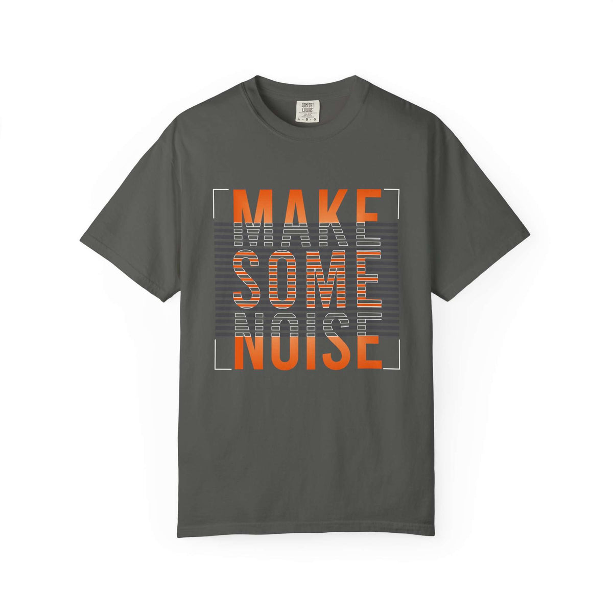 A dark gray crewneck t-shirt with a graphic print on the front reading 'MAKE SOME NOISE' in orange and white block letters over a gray striped background. Vintage Make Some Noise Slogan Typography Graphic T-Shirt for Casual Wear
