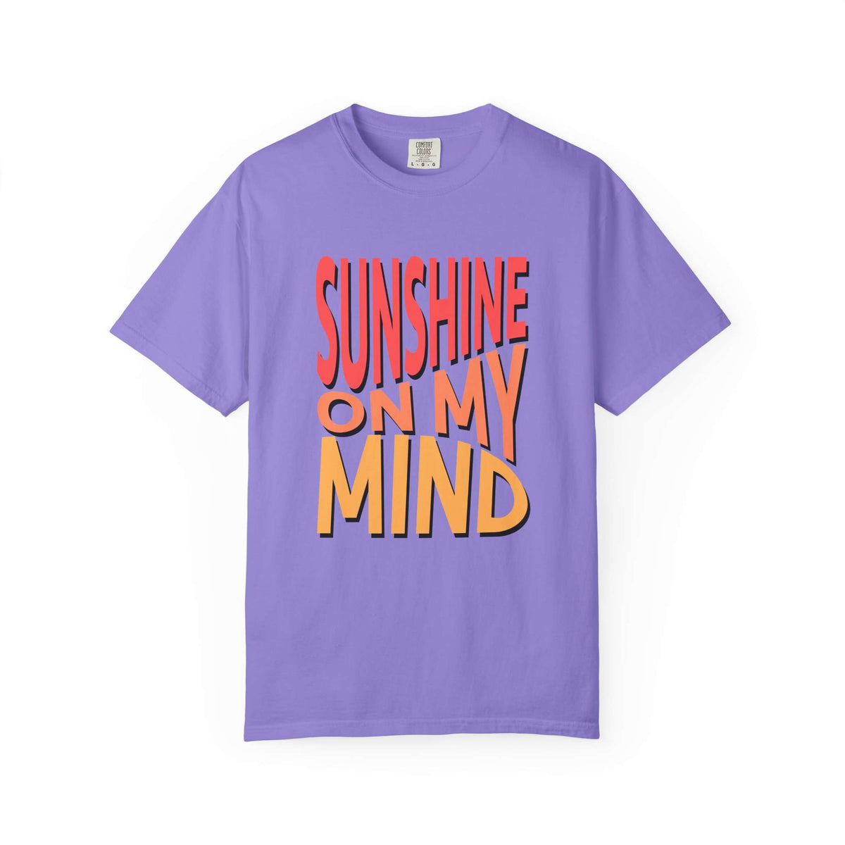 A purple short-sleeve crewneck t-shirt featuring a bold graphic text print on the front that reads 'SUNSHINE ON MY MIND' in red, orange, and yellow 3D-style lettering, displayed against a solid white background. Vintage Sunshine On My Mind Summer Vibes Graphic T-Shirt for Casual Wear