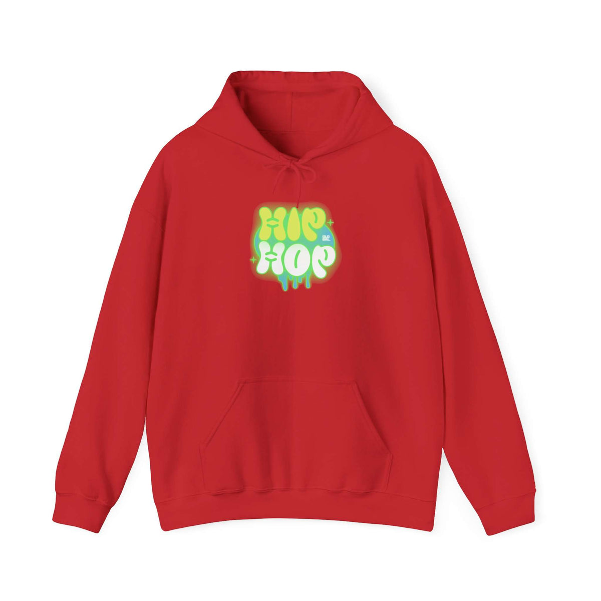 A red pullover hoodie with a colorful 'HIP HOP' graphic on the chest, displayed against a plain white background. Wearable Art Bold Graffiti Hip Hop Hoodie for Urban Fashion Lovers