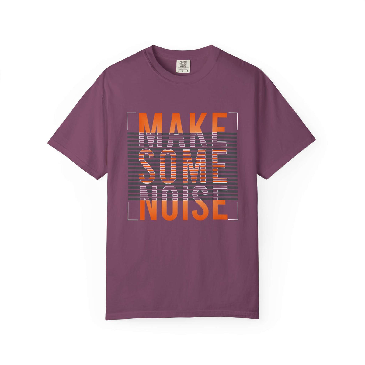 A dark gray crewneck t-shirt with a graphic print on the front reading 'MAKE SOME NOISE' in orange and white block letters over a gray striped background. Wearable Art Make Some Noise Slogan Typography Graphic T-Shirt Casual Wear