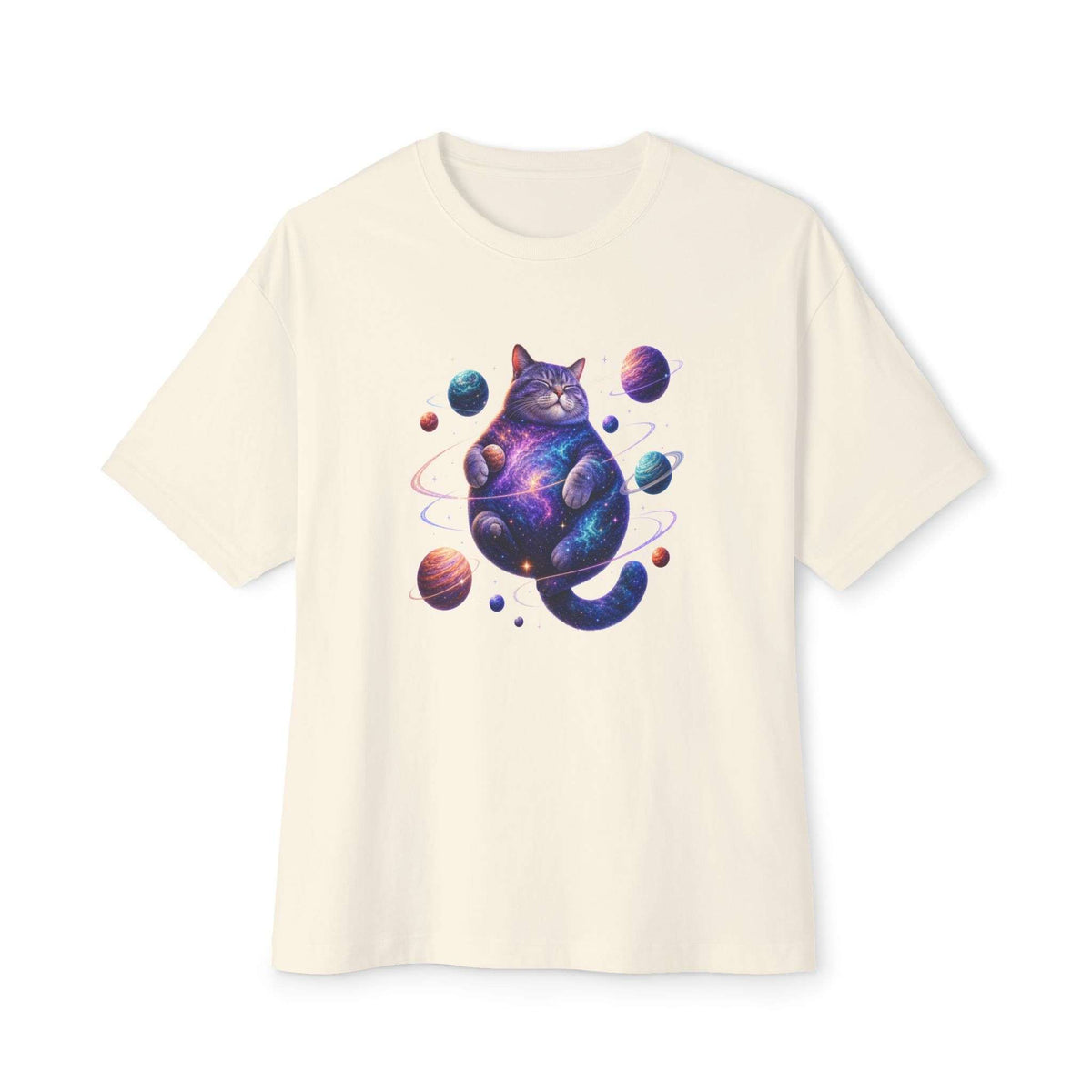 An off-white short-sleeve crewneck t-shirt featuring a colorful graphic of a cosmic cat surrounded by planets, displayed on a clean white background. Whimsical Funny Cosmic Cat Unisex Oversized Boxy T-Shirt Casual Wear