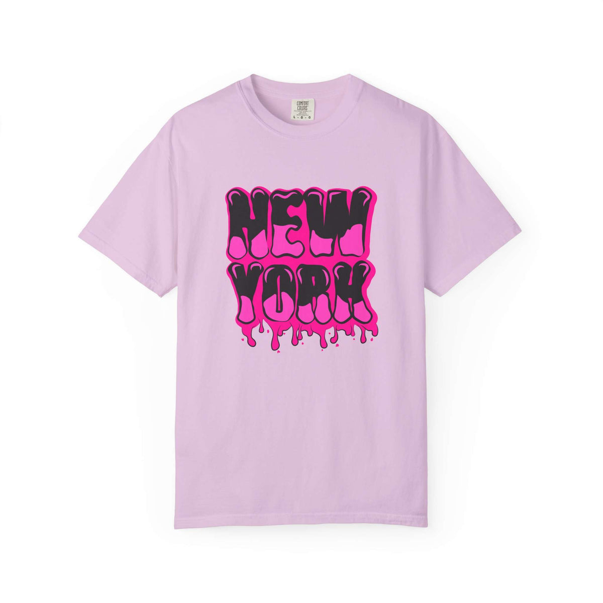 A light purple short-sleeve t-shirt with a 'NEW YORK' graphic in dripping hot pink and black bubble letters on the front, displayed against a clean white background. 