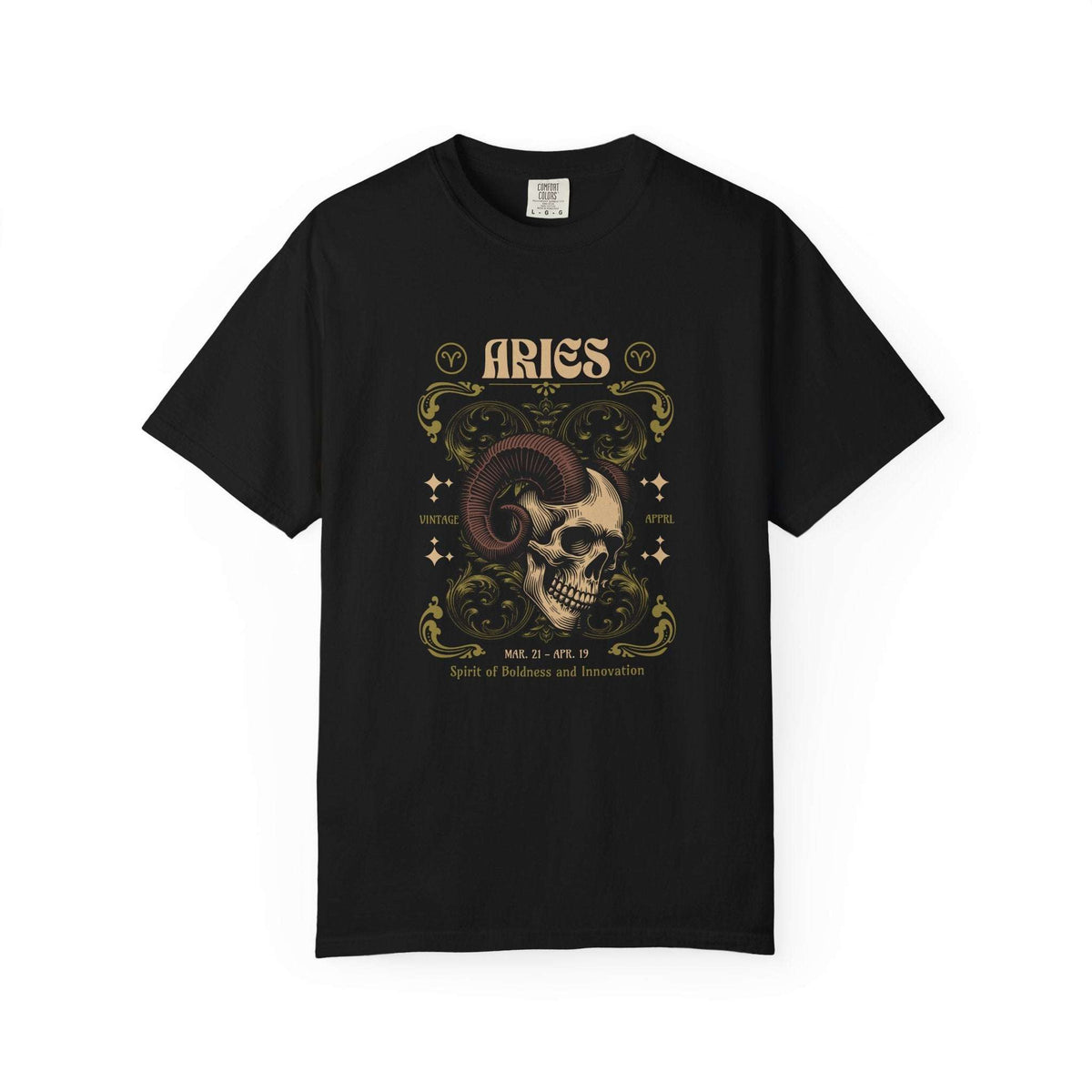 A black short-sleeve crewneck t-shirt featuring a detailed Aries zodiac graphic on the chest. The graphic depicts a ram skull with curved horns, surrounded by ornate gold and beige filigree, stars, and the word 'ARIES' at the top.