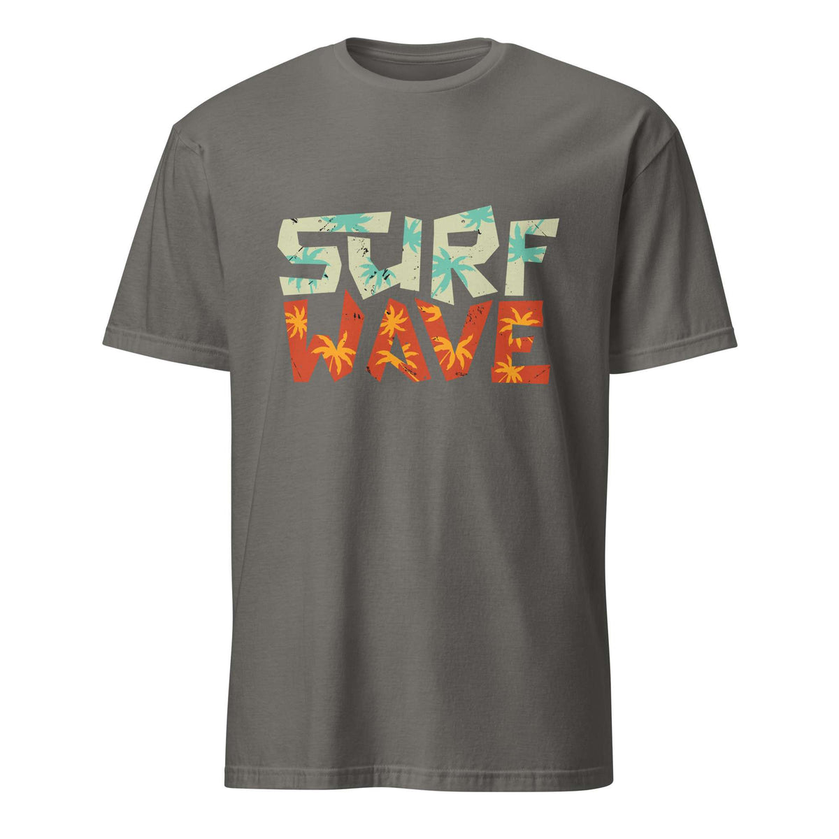A dark gray crewneck t-shirt featuring a 'SURF WAVE' graphic on the chest. The word 'SURF' is filled with a light blue and orange tropical leaf pattern, while 'WAVE' is filled with orange palm tree silhouettes, displayed on a clean white background. Surf Wave Typography Lettering Graphic T-Shirt Casual Wear Shop the Surf Wave Lettering Typography Graphic T-Shirt Casual Wear design, featuring a laid-back coastal look for everyday outfits and beach days.