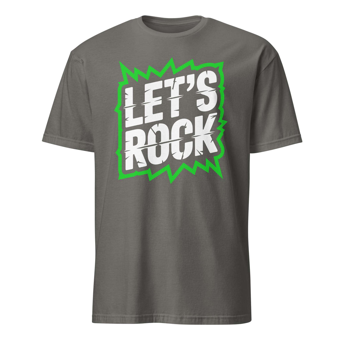 A dark gray crewneck t-shirt featuring a graphic print on the front with the text 'LET'S ROCK' in white distressed lettering inside a green jagged lightning-bolt shape, shown against a plain white background. Let's Rock Music Bold Typography Graphic T-Shirt Casual Wear Shop the Let's Rock Music Bold Typography Graphic T-Shirt Casual Wear for a standout look, soft comfort, and everyday rock-inspired style.