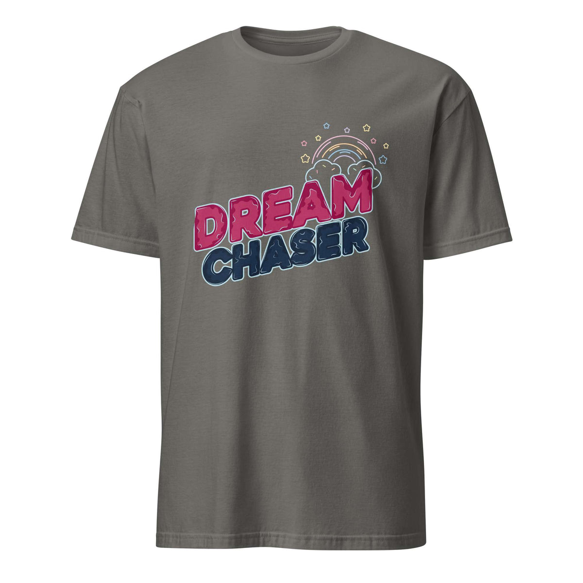 A dark gray crewneck t-shirt featuring a colorful graphic on the chest that reads 'DREAM CHASER' in pink and navy blue bubble letters, with a small rainbow and star details above, shown against a plain white background. Minimal Dream Chaser Lettering Graphic T-Shirt Casual Wear Shop Minimal Dream Chaser Lettering Graphic T-Shirt Casual Wear for a clean, motivational look that pairs easily with your favorite outfits.