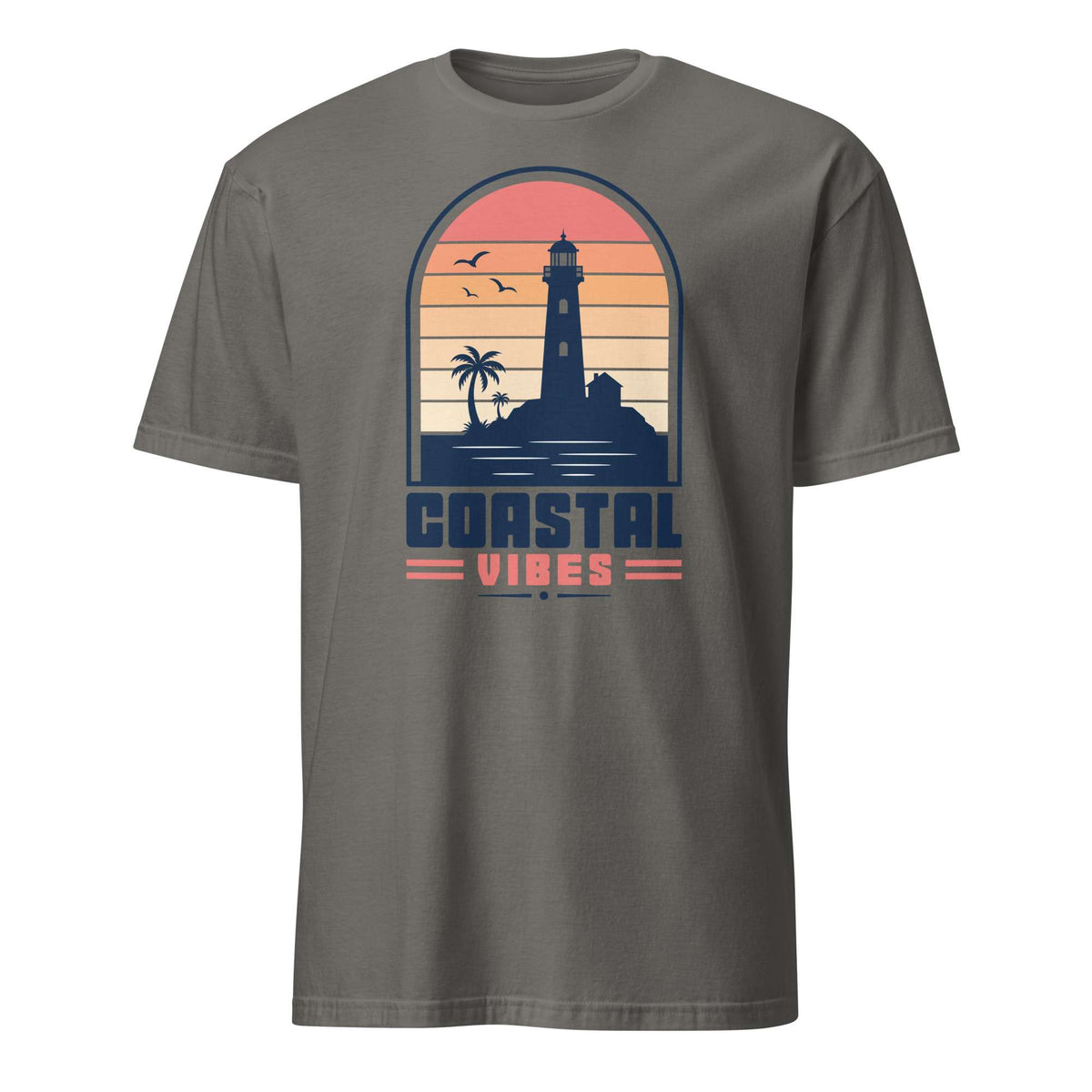 A dark gray crewneck t-shirt featuring a retro-style graphic of a lighthouse on a beach at sunset, with the text 'COASTAL VIBES' printed below. Shop Nautical Lighthouse Sunset Coastal Graphic T-Shirt Casual Wear, featuring a vivid seaside design for beach lovers, sailors and sunset chasers. Add coastal charm to your wardrobe with the Nautical Lighthouse Sunset Coastal Graphic T-Shirt, perfect for ocean lovers and beach-day vibes. Buy the Nautical Lighthouse Sunset Coastal Graphic T-Shirt.