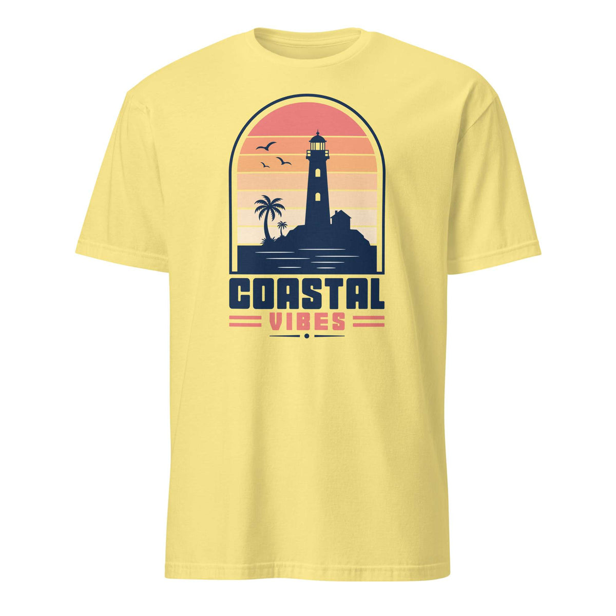 A pale yellow short-sleeve crewneck t-shirt featuring a retro graphic of a lighthouse on a sunset beach with the text 'COASTAL VIBES'. Shop Nautical Lighthouse Sunset Coastal Graphic T-Shirt Casual Wear, featuring a vivid seaside design for beach lovers, sailors and sunset chasers. Add coastal charm to your wardrobe with the Nautical Lighthouse Sunset Coastal Graphic T-Shirt, perfect for ocean lovers and beach-day vibes. Buy the Nautical Lighthouse Sunset Coastal Graphic T-Shirt.